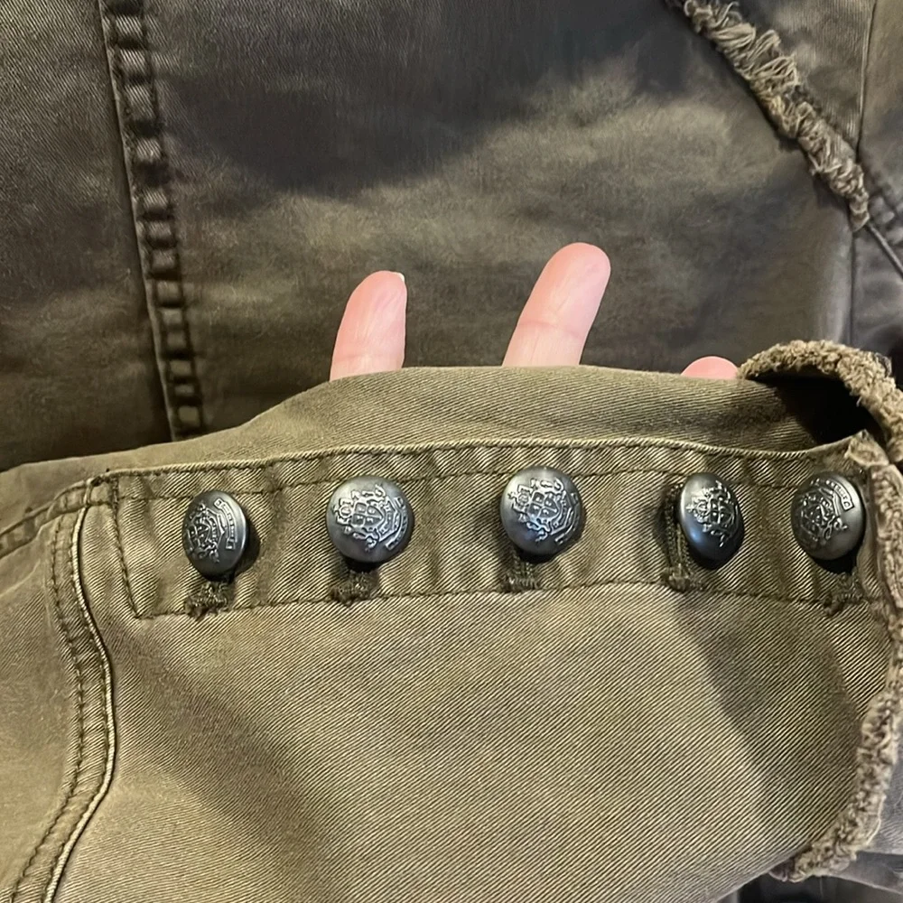 Free People olive green denim military style ruffle jacket - Picture 7 of 12